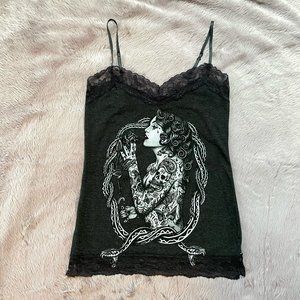 Grey "black market art" lace cami tank top